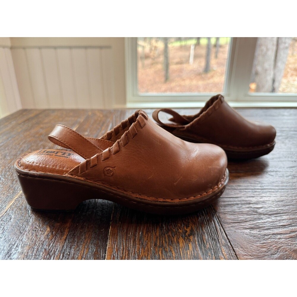 Women's Brown Leather Clog Mules with Slingback Strap